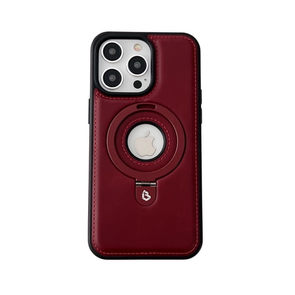 ELEHOLD for iPhone 15 Plus Magnetic Case Premium Leather Logo Hollow Design Foldable Ring Holder Kickstand Case Support MagSafe Charging Shockproof Anti-Scratch 6.7 Inch iPhone 15 Plus Cover, Winered
