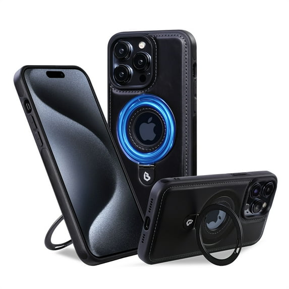 ELEHOLD for iPhone 15 Plus Magnetic Case Premium PU Leather Logo View Hollow Design Foldable Ring Holder Kickstand Support Mag Safe Charging Shockproof Anti-Scratch Cover for iPhone 15 Plus,black