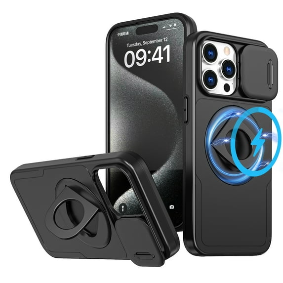 ELEHOLD for iPhone 15 Plus Magnetic Case,Rugged Hard PC Protective Case with Rotation Ring Holder Kickstand Sliding Camera Protector Compatible with Mag Safe for iPhone 15 Plus, Black