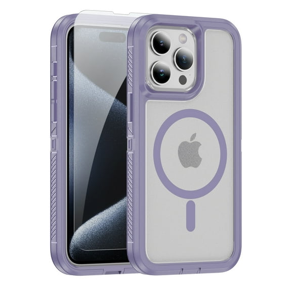 ELEHOLD for iPhone 15 Plus Magnetic Translucent Clear Case with HD Tempered Glass Screen Protector Hybrid PC + TPU Shockproof Bumper Compatible with Mag Safe Drop-Protection Cover,Purple+Clear