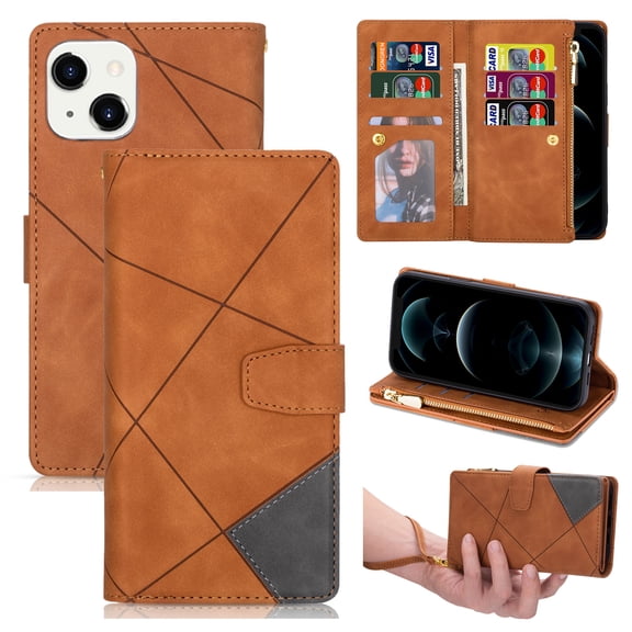 ELEHOLD for iPhone 15 Plus Multi-Functional Leather Wallet Case,Large Capacity 9 Card Slots Zipper Pocket Kickstand Magnetic Clasp Lanyard Shockproof Flip Case for iPhone 15 Plus,Brown