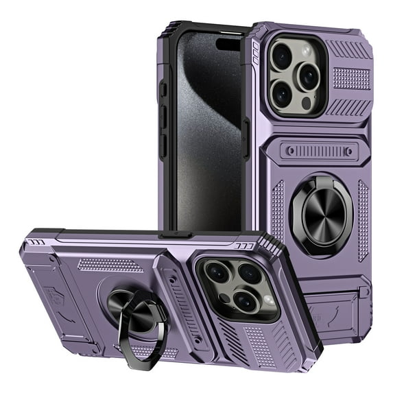 ELEHOLD for iPhone 15 Plus Rugged Hard Case with Metal Ring Holder Kickstand Work with Magnetic Car Mount Hidden Card Slot Pocket Shockproof Anti-Drop Armor Protective Cover,Violet