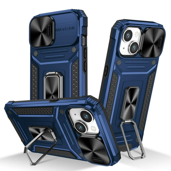 ELEHOLD for iPhone 15 Plus Rugged Heavy Duty Case,with Slide Camera Lens Protector Rotating Ring Holder Kickstand Work with Magnetic Car Mount Holder Shockproof Case for iPhone 15 Plus,Navyblue
