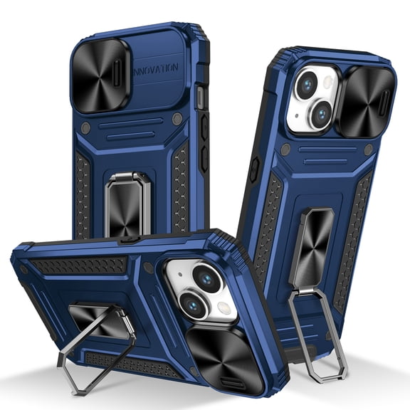 ELEHOLD for iPhone 15 Plus Rugged Heavy Duty Case,with Slide Camera Lens Protector Rotating Ring Holder Kickstand Work with Magnetic Car Mount Holder Shockproof Case for iPhone 15 Plus,Navyblue