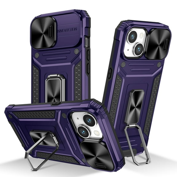 ELEHOLD for iPhone 15 Plus Rugged Heavy Duty Case,with Slide Camera Lens Protector Rotating Ring Holder Kickstand Work with Magnetic Car Mount Holder Shockproof Case for iPhone 15 Plus,Purple