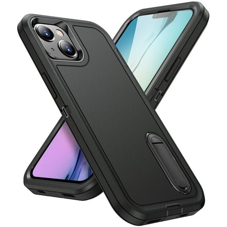 ELEHOLD for iPhone 15 Plus Rugged Protective Case Multi Layer Shockproof Hidden Kickstand Hybrid Silicone Hard PC Cover for iPhone 15 Plus,Black+Black