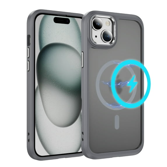 ELEHOLD For iPhone 15 Plus Slim Shockproof Case, Skin-Friendlyp. Rugged Cover, MagSafe Compatible, Non-Slip, Raised Edges For Cam & Screen Protection, Gray