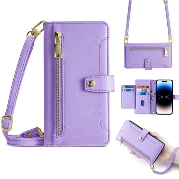 ELEHOLD for iPhone 15 Plus Wallet Case Crossbody, Zipper Phone Case with Card Holder Large Capacity Wrist Strap Leather Purse Cover for Women Men for iPhone 15 Plus 6.7 Inch,Purple