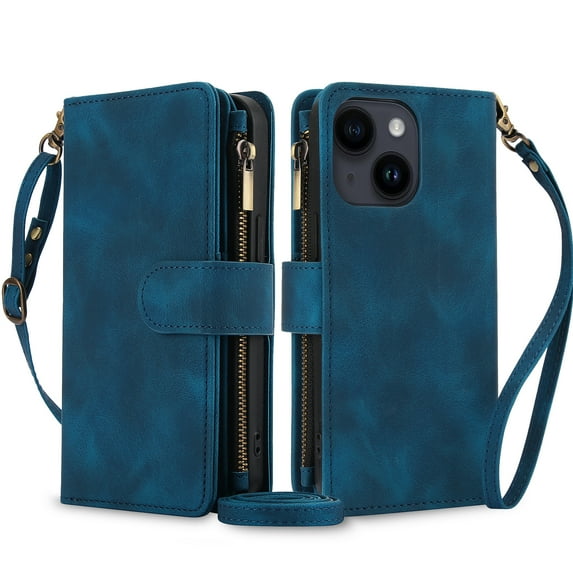 ELEHOLD for iPhone 15 Plus Wallet Case,Flip Leather Women Men Credit Card Cash Slot Zipper Kickstand Shockproof Protective Case with Crossbody Wrist Strap for iPhone 15 Plus,Blue