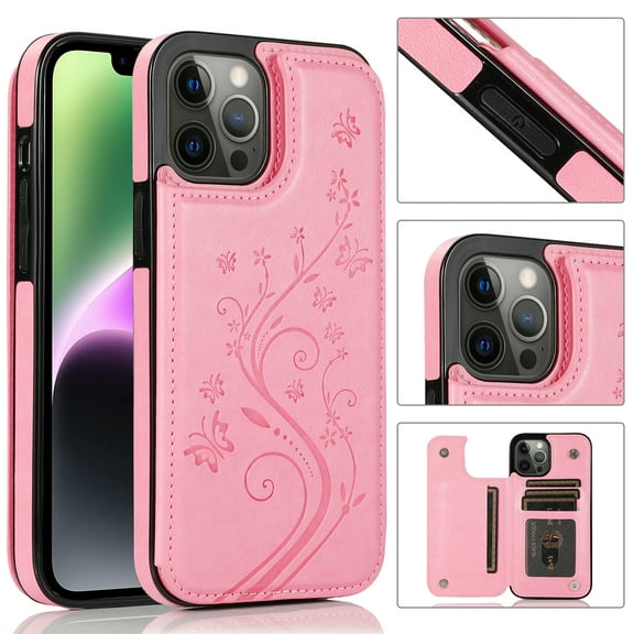 ELEHOLD for iPhone 15 Plus Wallet Case, Flower Embossed Pattern Magnetic Button Card Holders PU Leather Cover Kickstand Function Shockproof Protective Case for iPhone 15 Plus, Pink