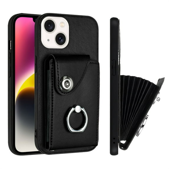ELEHOLD for iPhone 15 Plus Wallet Case PU Leather Organ Card Slots Holders Magnetic Button Finger Ring Holder Stand Shockproof Full Protective Case,black
