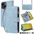 thumbnail image 1 of ELEHOLD for iPhone 15 Plus Wallet Crossbody Case,Large Capacity Card Slots Zipper Purse Kickstand Function Magnetic Clasp Shoulder Strap Wrist Lanyard Flip Leather Case,Lightblue, 1 of 6