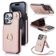 thumbnail image 1 of ELEHOLD for iPhone 15 Plus Wallet Crossbody Case with Organ Card Slots Metal Finger Ring Holder Kickstand Crossbody Shoulder Strap Shockproof Purse Cover for Women Girls,rosegold, 1 of 8