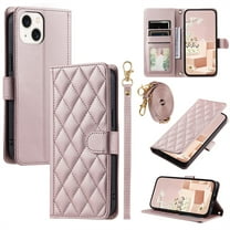 ELEHOLD for iPhone 15 Plus Wallet Crossbody Case PU Leather Cover with Card Slots Magnetic Clasp Kickstand Detachable Wriststrap Shoulder Strap Flip Shockpoof Cover,rosegold