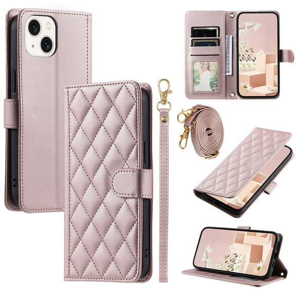 ELEHOLD for iPhone 15 Plus Wallet Crossbody Case PU Leather Cover with Card Slots Magnetic Clasp Kickstand Detachable Wriststrap Shoulder Strap Flip Shockpoof Cover,rosegold