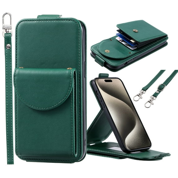 ELEHOLD for iPhone 15 Plus Wallet Crossbody Case Premium PU Leather Organ Card Slots Magnetic Closure Detachable Wrist Lanyard Shoulder Strap Flip Shockproof iPhone 15 Plus Cover,Green