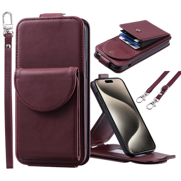 ELEHOLD for iPhone 15 Plus Wallet Crossbody Case Premium PU Leather Organ Card Slots Magnetic Closure Detachable Wrist Lanyard Shoulder Strap Flip Shockproof iPhone 15 Plus Cover,Winered