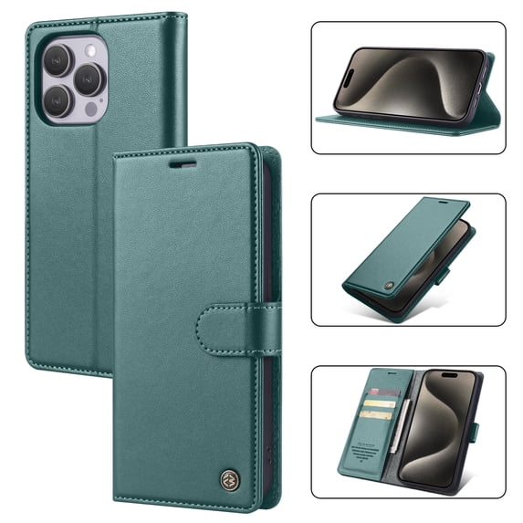 ELEHOLD for iPhone 15 Pro Business Wallet Case with RFID Blocking Credit Card Holder PU Leather Flip Kickstand Protective Shockproof Cover Women Men for iPhone 15 Pro,Green
