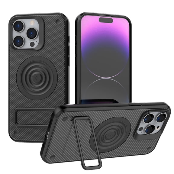 ELEHOLD for iPhone 15 Pro Case Carbon Fiber Texture Slim Thin Lightweight Strong Magnetic Compatible with Mag Safe Invisible Kickstand Shockproof Protective Case,black