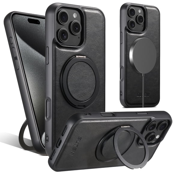 ELEHOLD For iPhone 15 Pro Case,Compatible with Mag Safe Accessories, Luxury PU Leather 360°Rotatable Magnetic Ring Kickstand Slim Light Phone Case for iPhone 15 Pro,Black