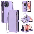 thumbnail image 1 of ELEHOLD for iPhone 15 Pro Case,  Full Body Protection Crossbody Flip Zipper Credit Card Slot Wallet Case Kickstand Shockproof Leather Case with Shoulder Strap and Wrist Strap, Purple, 1 of 11