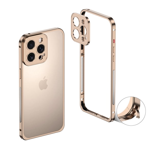ELEHOLD For iPhone 15 Pro Case, Metal Frame Heat Dissipation Net Detachable Lens Cap Rugged Shockproof Bumper Frame Phone Case Cover For iPhone 15 Pro,Gold
