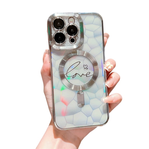 ELEHOLD for iPhone 15 Pro Case Plating Clear Case with Glitter Design Camera Lens Protetive Film Laser Paper Compatible with MagSafe Charging Shockproof Slim Case,silver