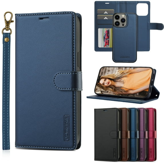 ELEHOLD for iPhone 15 Pro Case, Premium PU Leather Detachable Folio Cover RFID Blocking Card Slots Holder Magnetic Kickstand Full Protective Case with Wrist Strap for iPhone 15 Pro,Blue