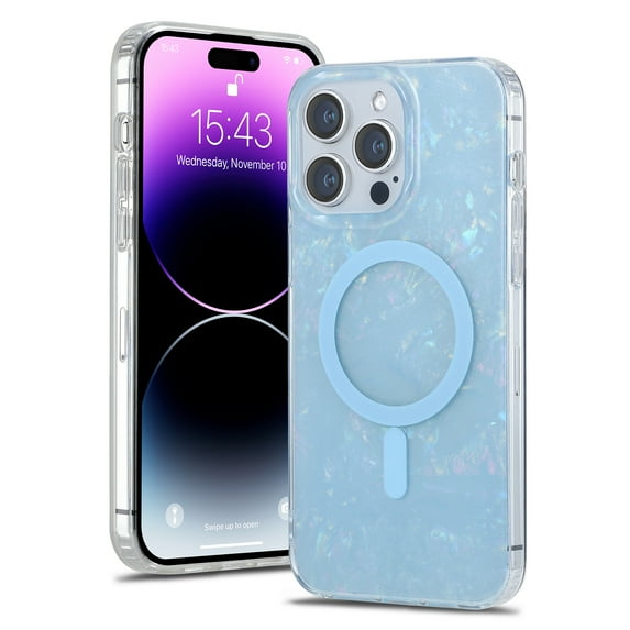 ELEHOLD for iPhone 15 Pro Case Sparkle Glitter Glossy Shell Pattern Magnetic Compatible with MagSafe, Slim Lightweight TPU Bumper Shockproof Cute Girls Case for 6.1" iPhone 15 Pro, Blue
