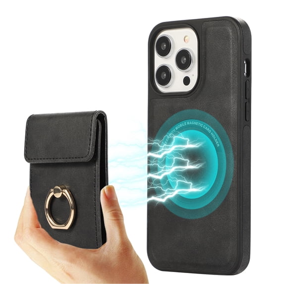 ELEHOLD for iPhone 15 Pro Case Synthetic Leather 2-in-1 Phone Case with Magnetic Detachable Card Holder Ring Holder Stand Drop Protection Shockproof Wallet Case,black