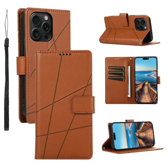 ELEHOLD for iPhone 15 Pro Flip Folio Wallet Case with Credit Card Holders Magnetic Clasp Kickstand Function Wrist Lanyard Premium PU Leather Shockproof Protective Cover,brown