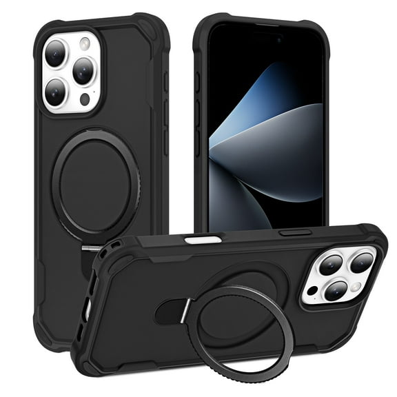 ELEHOLD For iPhone 15 Pro Heavy Duty Shockproof Rugged Case Magnetic Rugged Case, MagSafe Compatible, with Invisible and Adjustable Ring Holder Stand, Black