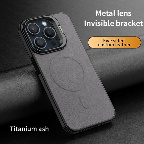 ELEHOLD for iPhone 15 Pro Leather Case,Strong Magnetic Compatible with Mag Safe Charging Invisible Lens Frame Kickstand Function Slim Fit Shockproof Cover,Gray