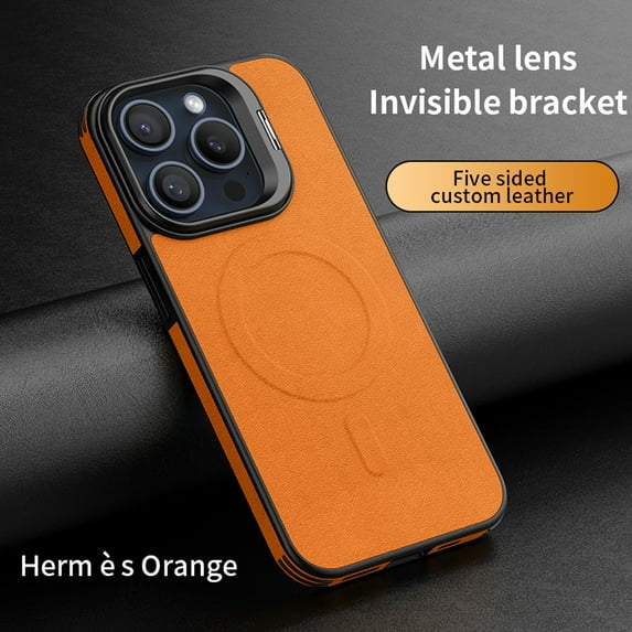 ELEHOLD for iPhone 15 Pro Leather Case,Strong Magnetic Compatible with Mag Safe Charging Invisible Lens Frame Kickstand Function Slim Fit Shockproof Cover,Orange