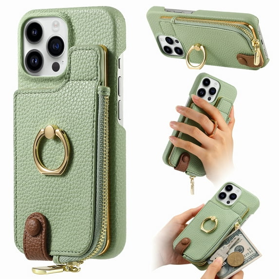 ELEHOLD for iPhone 15 Pro Luxury Leather Wallet Case with Back Flip Card Slots RFID Blocking Zipper Cash Pocket Stand Function Ring Holder Support Magnetic Car Mount Shockproof Case,mint