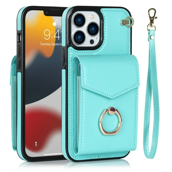 ELEHOLD for iPhone 15 Pro Luxury Wallet Case,Organ Card Holders RFID Blocking Function Built-in Metal Ring Stand Anti-Loss Wrist Lanyard Premium Leather iPhone 15 Pro Purse Cover,Mint