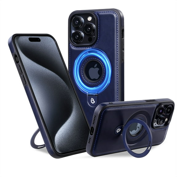 ELEHOLD for iPhone 15 Pro Magnetic Case Premium PU Leather Logo View Hollow Design Foldable Ring Holder Kickstand Support Mag Safe Charging Shockproof Anti-Scratch Cover for iPhone 15 Pro,darkblue