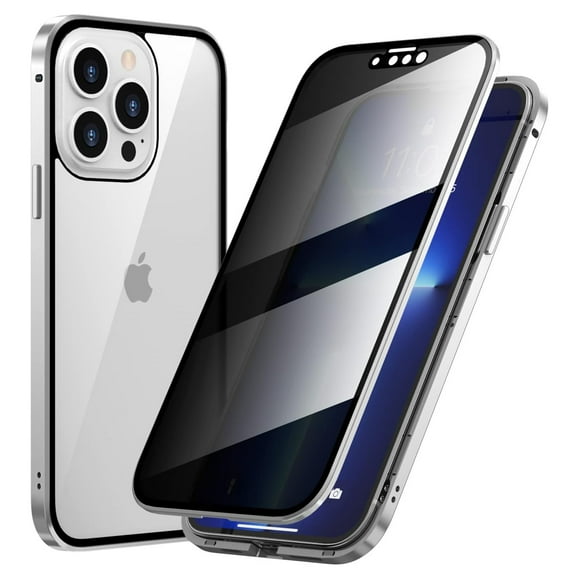 ELEHOLD for iPhone 15 Pro Max 6.7 inch Privacy Case, Anti-Peeping Glass Double Metal Side Clear Tempered Glass Privacy Screen Protector Anti-Fall Shockproof Powerful Magnetic Slim Case,Silver