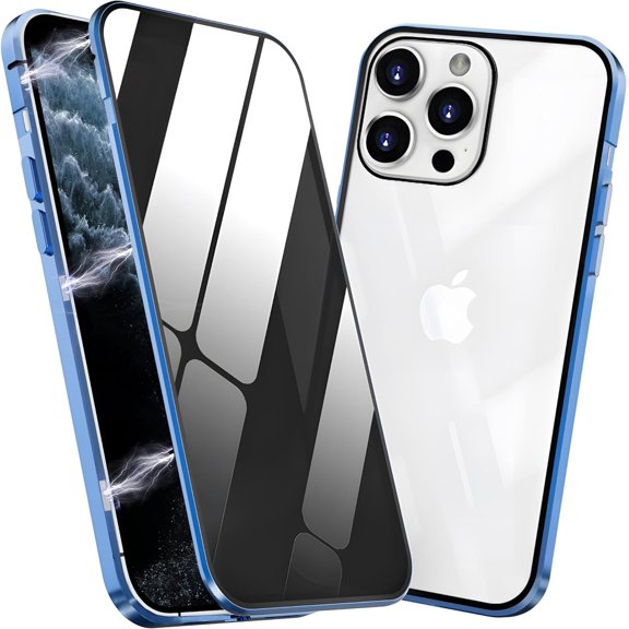 ELEHOLD for iPhone 15 Pro Max 6.7 inch Privacy Case, Anti-Peeping Glass Double Metal Side Clear Tempered Glass Privacy Screen Protector Anti-Fall Shockproof Powerful Magnetic Slim Case,Blue