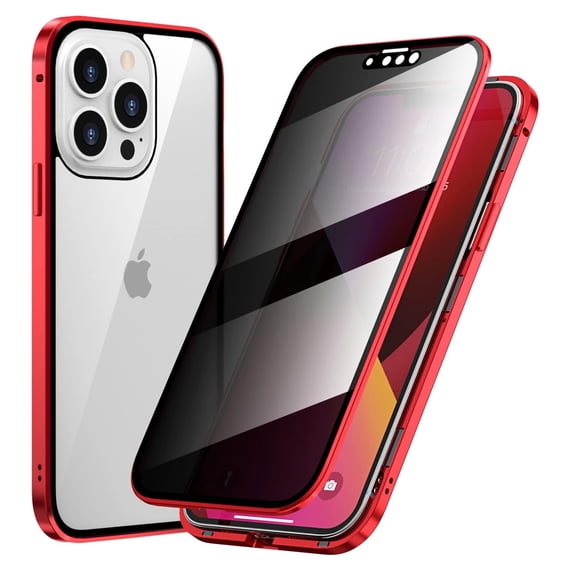 ELEHOLD for iPhone 15 Pro Max 6.7 inch Privacy Case, Anti-Peeping Glass Double Metal Side Clear Tempered Glass Privacy Screen Protector Anti-Fall Shockproof Powerful Magnetic Slim Case,Red