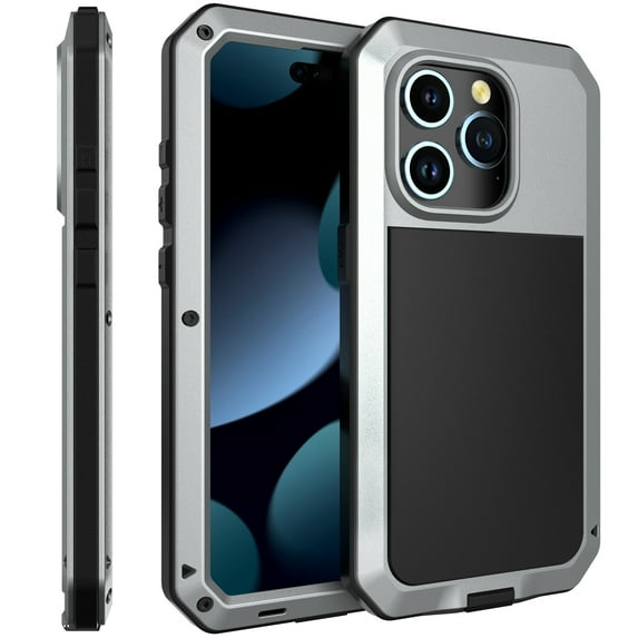 ELEHOLD for iPhone 15 Pro Max Armor Case, Outdoor Sports 360° Full Body Protective Cover with Tempered Glass Screen Protector Heavy Duty Shockproof Rugged Metal Case for iPhone 15 Pro Max, Silver