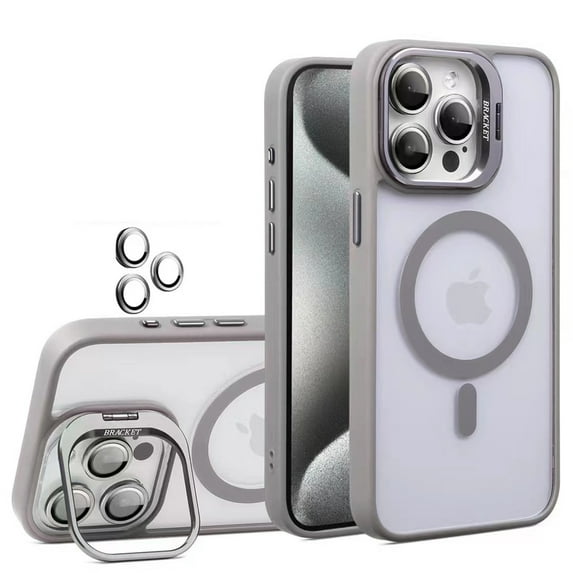 ELEHOLD for iPhone 15 Pro Max Case,Compatible with Mag Safe Accessory,Magnetic Not Yellowing Anti-Scratch Len Stand Shockproof Clear Phone Case with Lens Protector for iPhone 15 Pro Max ,Gray