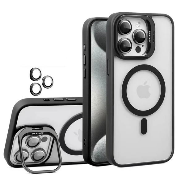 ELEHOLD for iPhone 15 Pro Max Case,Compatible with Mag Safe Accessory,Magnetic Not Yellowing Anti-Scratch Len Stand Shockproof Clear Phone Case with Lens Protector for iPhone 15 Pro Max ,Black