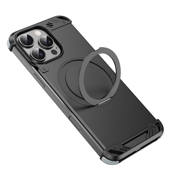 ELEHOLD for iPhone 15 Pro Max Case,Compatible with Mag safe Accessory, Bezel Less Metal Slim Hard Shockproof Ultra Thin Frameless Case with Ring Stand Holder Magnetic Cover,Black