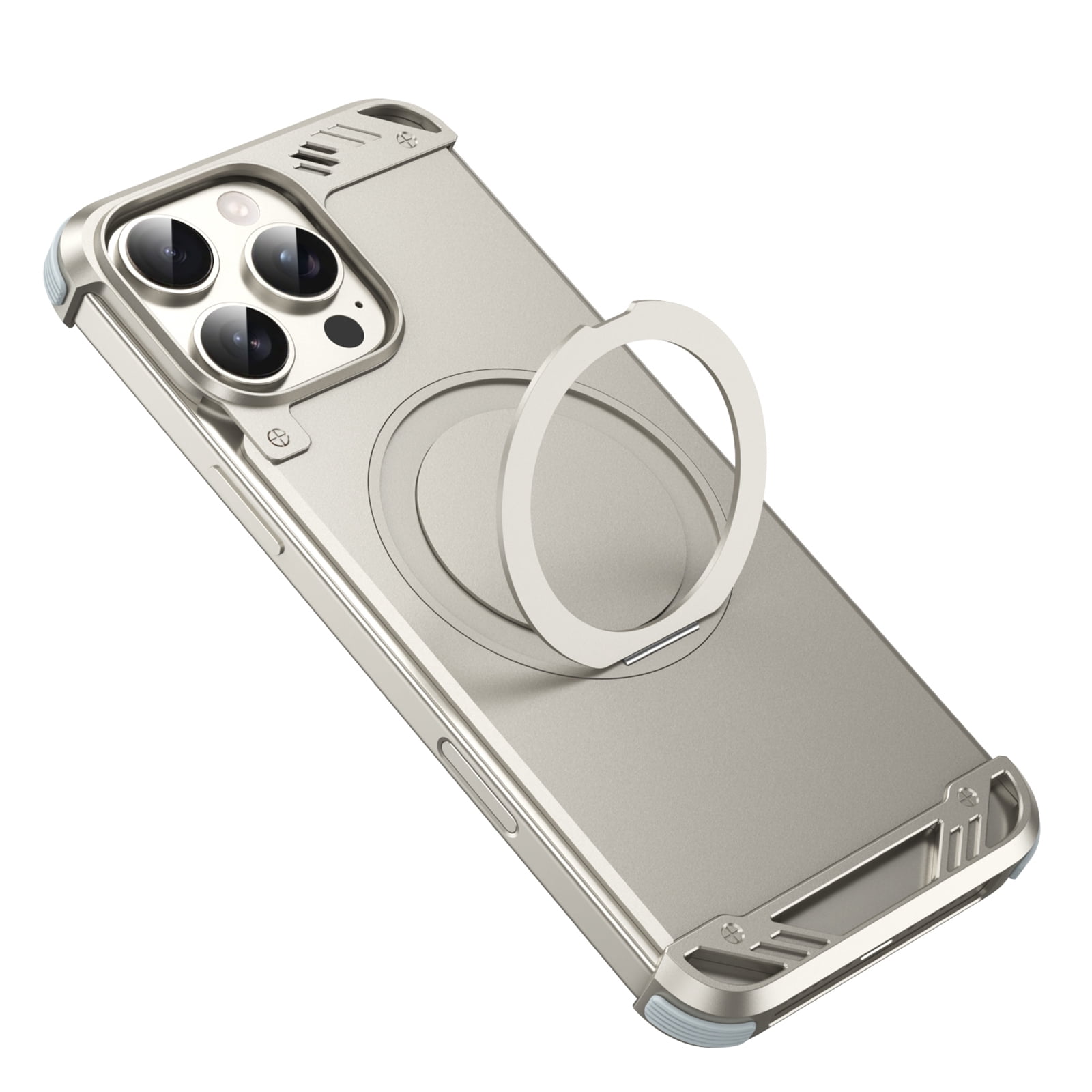 ELEHOLD  for iPhone 15 Pro Max Case,Compatible with Mag safe Accessory, Bezel Less Metal Slim Hard Shockproof Ultra Thin Frameless Case with Ring Stand Holder Magnetic Cover,Titanium