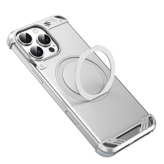 ELEHOLD for iPhone 15 Pro Max Case,Compatible with Mag safe Accessory, Bezel Less Metal Slim Hard Shockproof Ultra Thin Frameless Case with Ring Stand Holder Magnetic Cover,Silver
