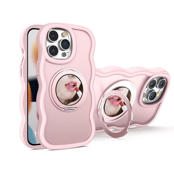 ELEHOLD for iPhone 15 Pro Max Case, Cute Curly Wavy Shape Magnetic Small Mirror Ring Stand Women Girls Shockproof Protection Case with Strap for iPhone 15 Pro Max,Pink