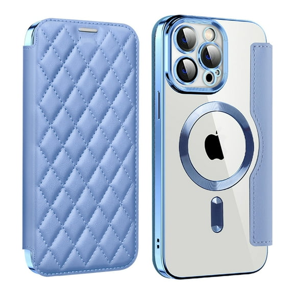 ELEHOLD for iPhone 15 Pro Max Case Flip Folio Built-in Card Holder RFID Blocking Protective Leather Case Transparent Clear Back Magnetic Compatible with Mag Safe Shockproof Cover,blue