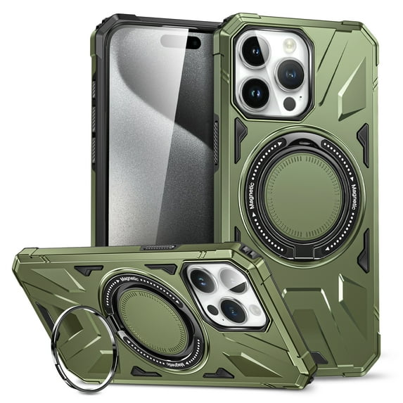 ELEHOLD for iPhone 15 Pro Max Case Heavy Duty Rugged Cover with 360° Rotation Foldable Ring Kickstand Support Magnetic Car Mount MagSafe Charging Compatible Shockproof Protective Case,darkgreen