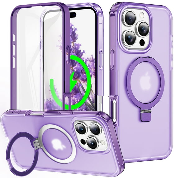 ELEHOLD for iPhone 15 Pro Max Case,Magnetic Compatible with Mag Safe Accessory Invisible Stand Built-in Screen Protector Military Drop Protection Shockproof Frosted Translucent Case,Purple